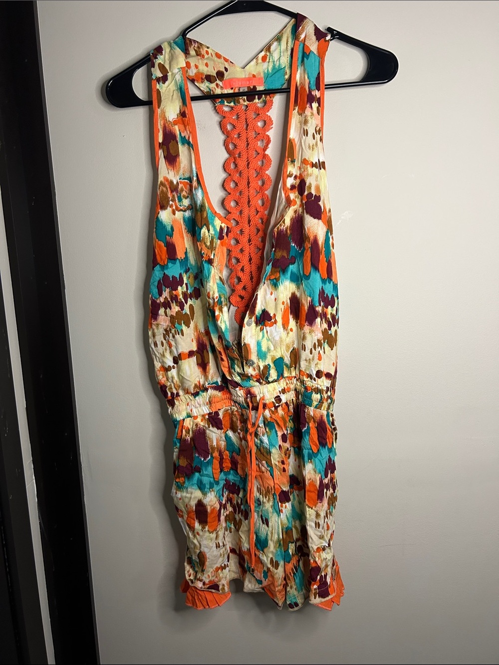 Lulumari Orange & Turquoise Abstract Print Romper with Crochet Detail